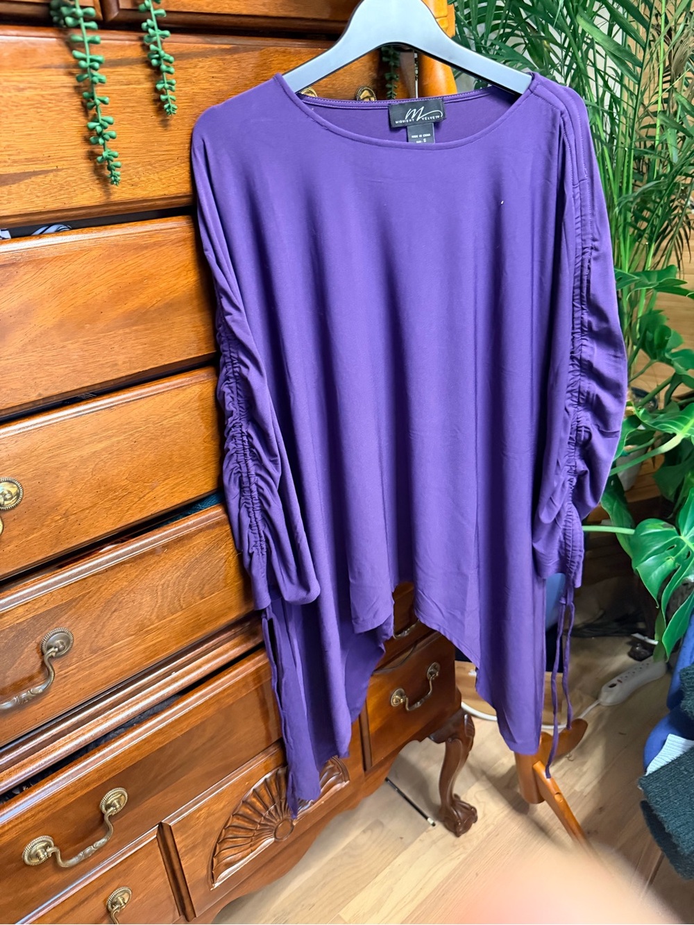 Midnight Velvet Oversized Purple Drawstring Sleeve Women's Swing Top